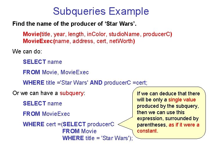 Subqueries Example Find the name of the producer of ‘Star Wars’. Movie(title, year, length,