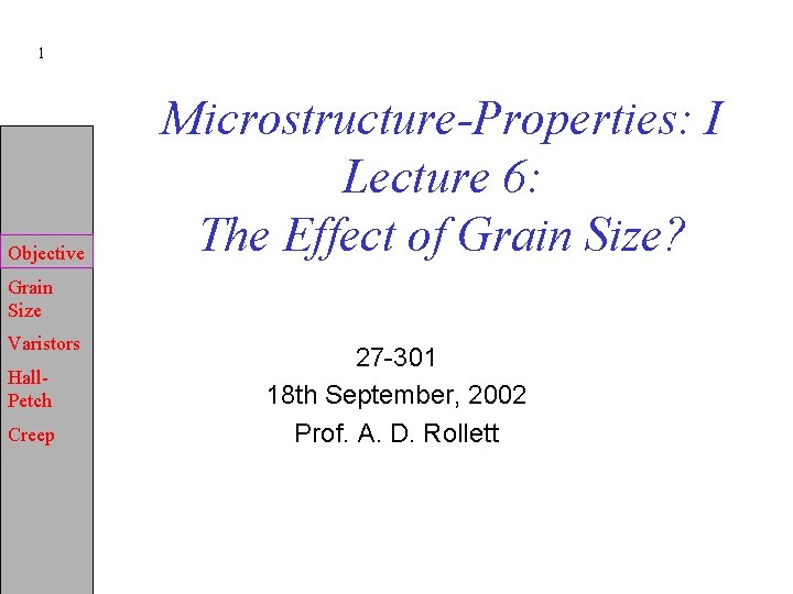 1 Objective Microstructure-Properties: I Lecture 6: The Effect of Grain Size? Grain Size Varistors