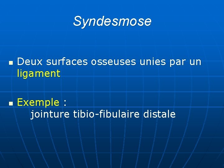 Syndesmose n n Deux surfaces osseuses unies par un ligament Exemple : jointure tibio-fibulaire