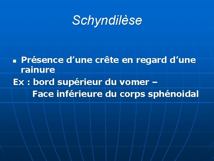 Schyndilèse Présence d’une crête en regard d’une rainure Ex : bord supérieur du vomer