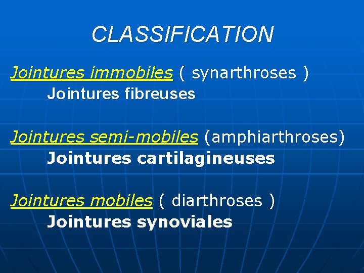 CLASSIFICATION Jointures immobiles ( synarthroses ) Jointures fibreuses Jointures semi-mobiles (amphiarthroses) Jointures cartilagineuses Jointures