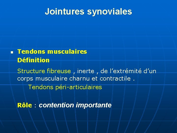 Jointures synoviales n Tendons musculaires Définition Structure fibreuse , inerte , de l’extrémité d’un