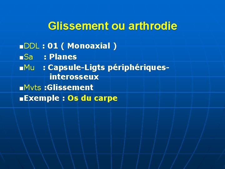 Glissement ou arthrodie ■DDL : 01 ( Monoaxial ) ■Sa : Planes ■Mu :