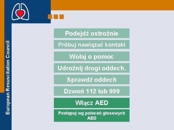 European Resuscitation Council Podejdź ostrożnie Próbuj nawiązać kontakt Wołaj o pomoc Udrożnij drogi oddech.