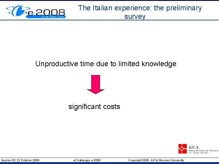 The Italian experience: the preliminary survey Unproductive time due to limited knowledge significant costs