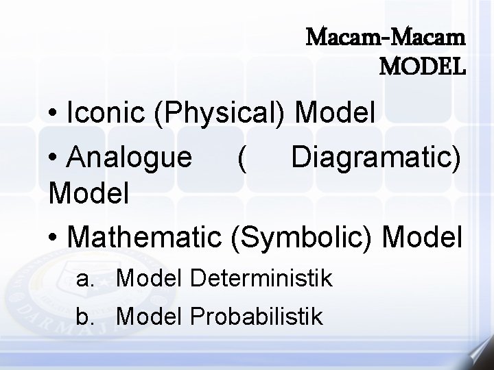 Macam-Macam MODEL • Iconic (Physical) Model • Analogue ( Diagramatic) Model • Mathematic (Symbolic)