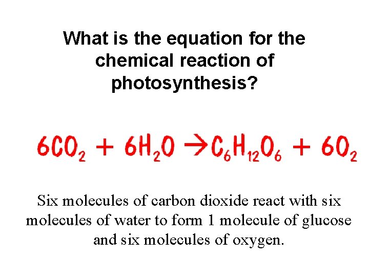 What is the equation for the chemical reaction of photosynthesis? Six molecules of carbon What is the equation for the chemical reaction of photosynthesis? Six molecules of carbon