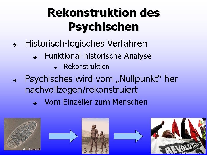 Rekonstruktion des Psychischen Historisch-logisches Verfahren Funktional-historische Analyse Rekonstruktion Psychisches wird vom „Nullpunkt“ her nachvollzogen/rekonstruiert