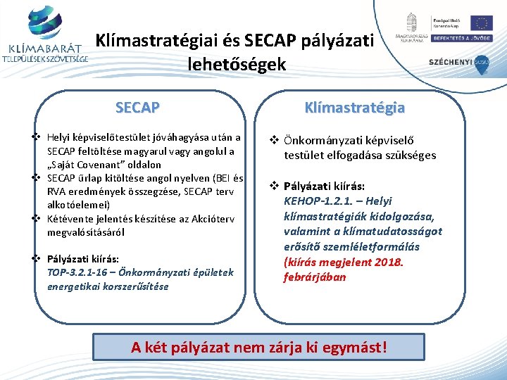 Klímastratégiai és SECAP pályázati lehetőségek SECAP Klímastratégia v Helyi képviselőtestület jóváhagyása után a SECAP