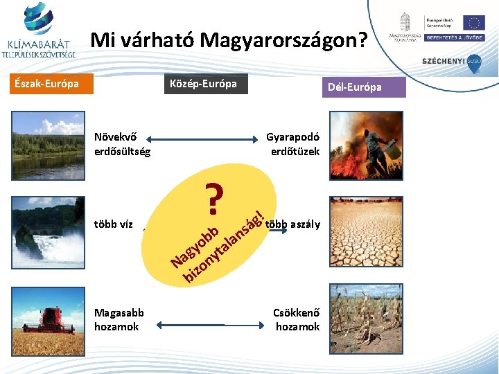 Mi várható Magyarországon? Észak-Európa Közép-Európa Növekvő erdősültség több víz Magasabb hozamok Dél-Európa Gyarapodó erdőtüzek