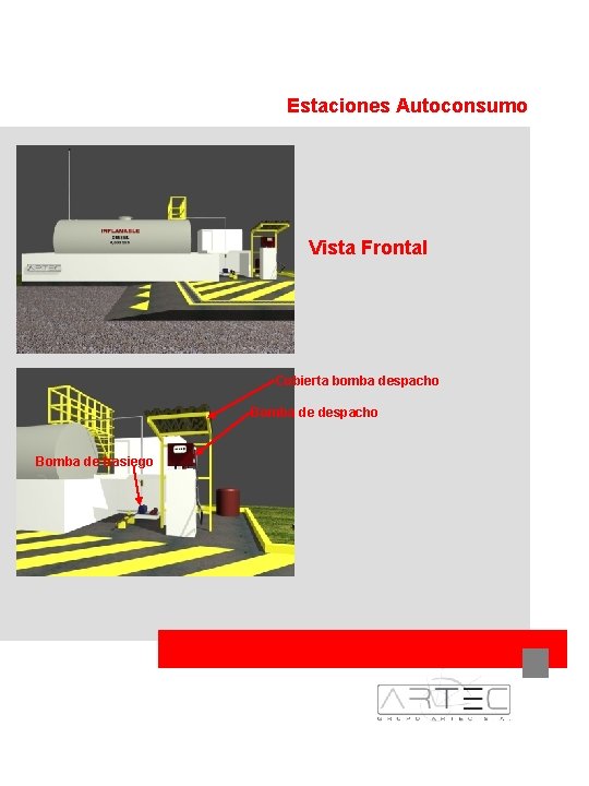 Estaciones Autoconsumo Vista Frontal Cubierta bomba despacho Bomba de trasiego 