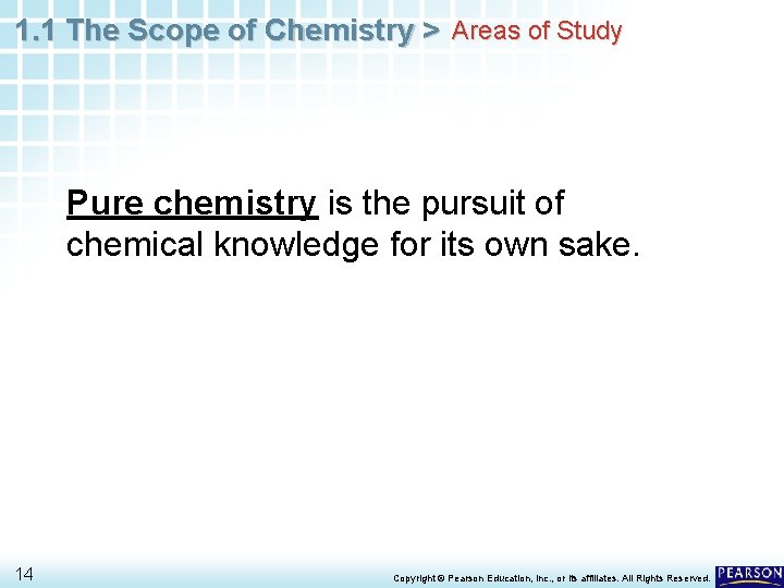 1. 1 The Scope of Chemistry > Areas of Study Pure chemistry is the