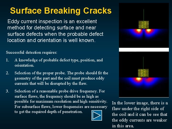 Surface Breaking Cracks Eddy current inspection is an excellent method for detecting surface and