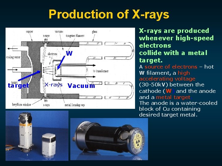 Production of X-rays W target X-rays Vacuum X-rays are produced whenever high-speed electrons collide