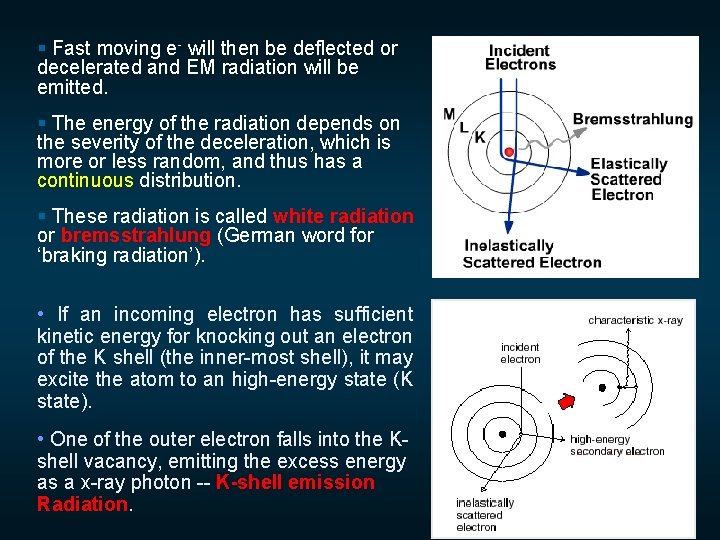 § Fast moving e- will then be deflected or decelerated and EM radiation will