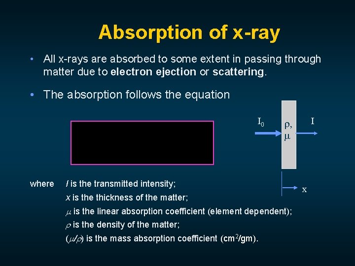 Absorption of x-ray • All x-rays are absorbed to some extent in passing through