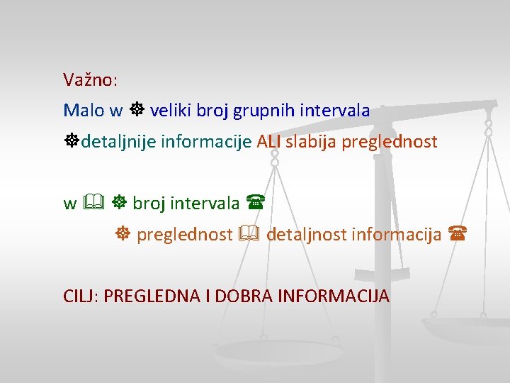 Važno: Malo w veliki broj grupnih intervala detaljnije informacije ALI slabija preglednost w broj