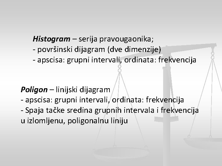 Histogram – serija pravougaonika; - površinski dijagram (dve dimenzije) - apscisa: grupni intervali, ordinata: