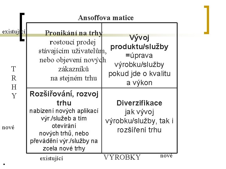 Ansoffova matice existující T R H Y nové Pronikání na trhy Vývoj rostoucí prodej