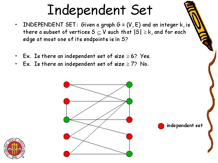 Independent Set • INDEPENDENT SET: Given a graph G = (V, E) and an