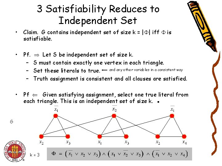 3 Satisfiability Reduces to Independent Set • Claim. G contains independent set of size