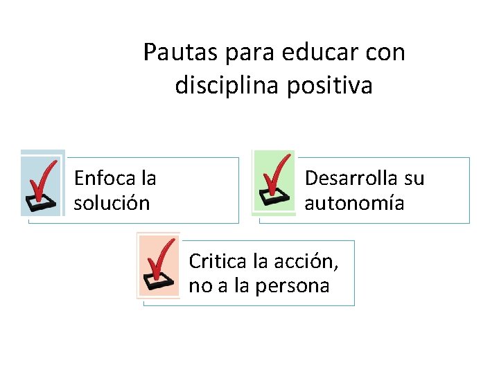 Pautas para educar con disciplina positiva Enfoca la solución Desarrolla su autonomía Critica la