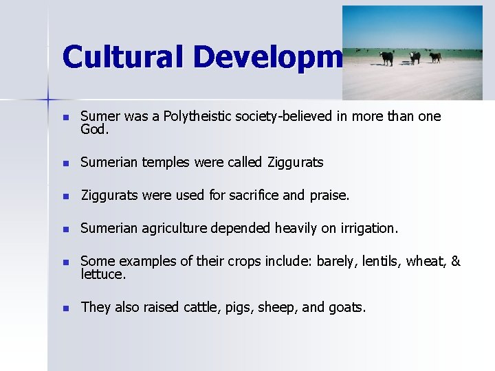 Cultural Development n Sumer was a Polytheistic society-believed in more than one God. n