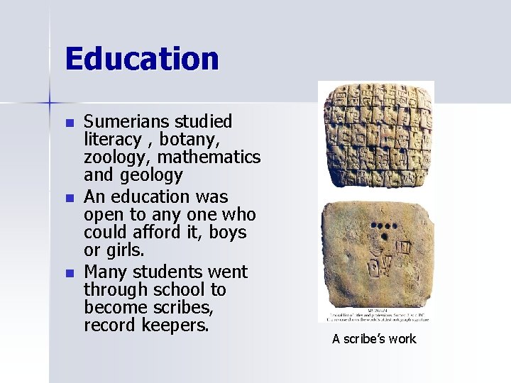 Education n Sumerians studied literacy , botany, zoology, mathematics and geology An education was