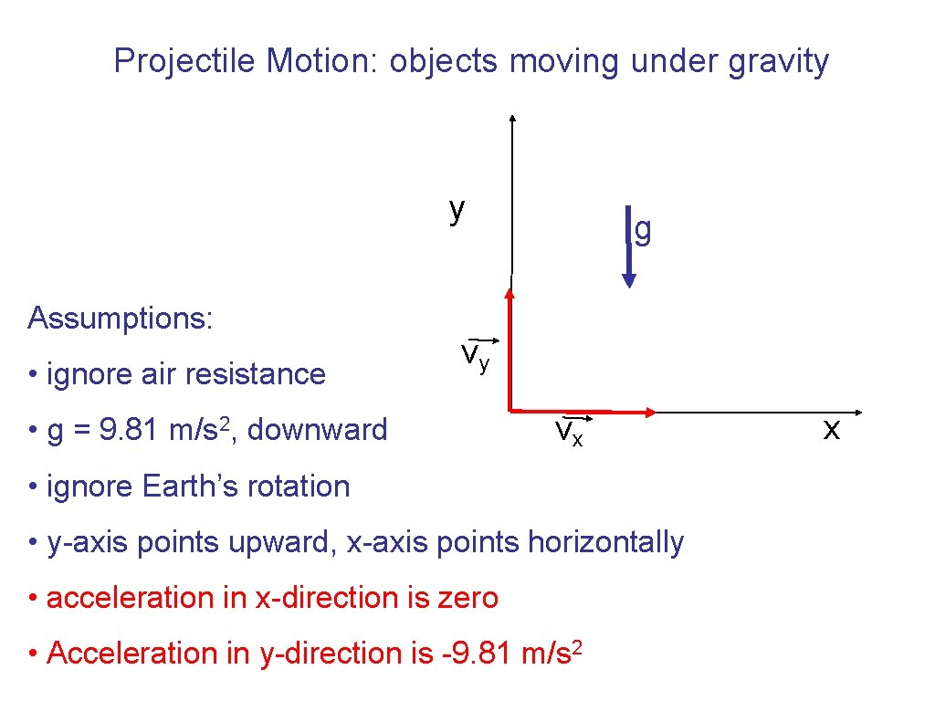 Projectile Motion: objects moving under gravity y Assumptions: • ignore air resistance g vy Projectile Motion: objects moving under gravity y Assumptions: • ignore air resistance g vy