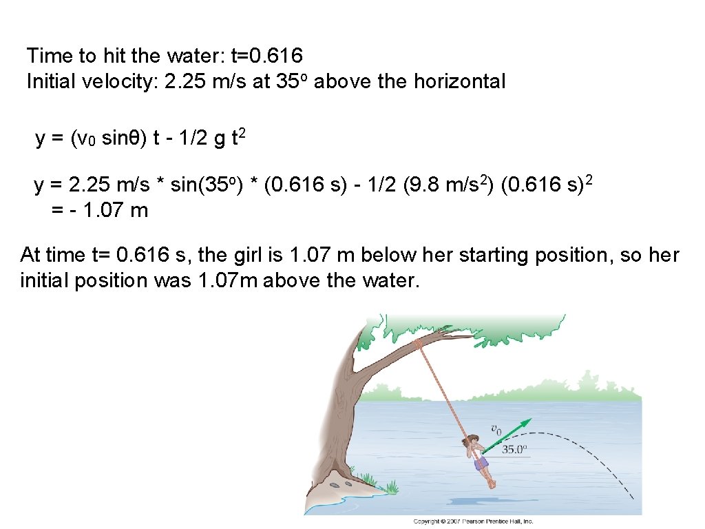 Time to hit the water: t=0. 616 Initial velocity: 2. 25 m/s at 35 Time to hit the water: t=0. 616 Initial velocity: 2. 25 m/s at 35