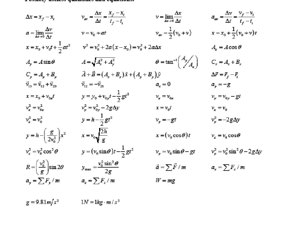 Equations for Test 1 Equations for Test 1