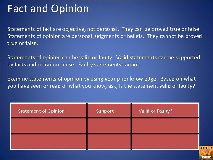 Fact and Opinion Statements of fact are objective, not personal. They can be proved