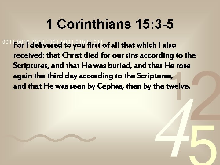 1 Corinthians 15: 3 -5 For I delivered to you first of all that 1 Corinthians 15: 3 -5 For I delivered to you first of all that