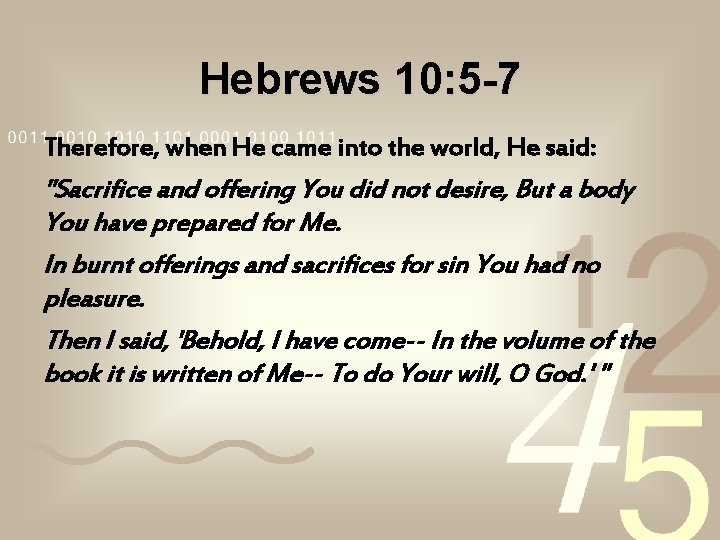 Hebrews 10: 5 -7 Therefore, when He came into the world, He said: "Sacrifice Hebrews 10: 5 -7 Therefore, when He came into the world, He said: "Sacrifice