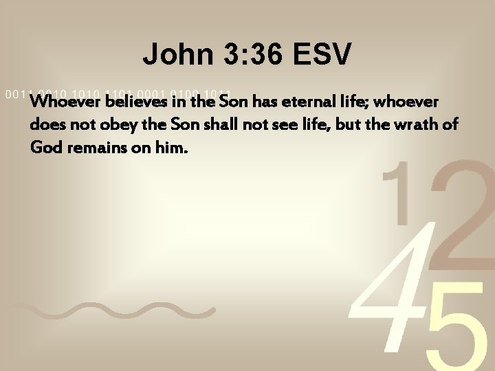 John 3: 36 ESV Whoever believes in the Son has eternal life; whoever does John 3: 36 ESV Whoever believes in the Son has eternal life; whoever does