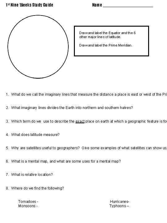 1 st Nine Weeks Study Guide Name ___________ Draw and label the Equator and