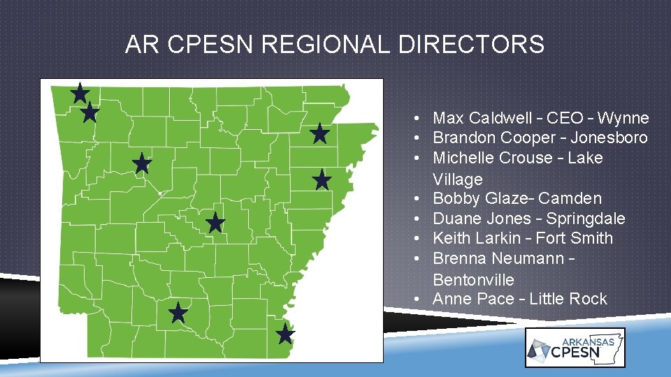 AR CPESN REGIONAL DIRECTORS • Max Caldwell – CEO – Wynne • Brandon Cooper