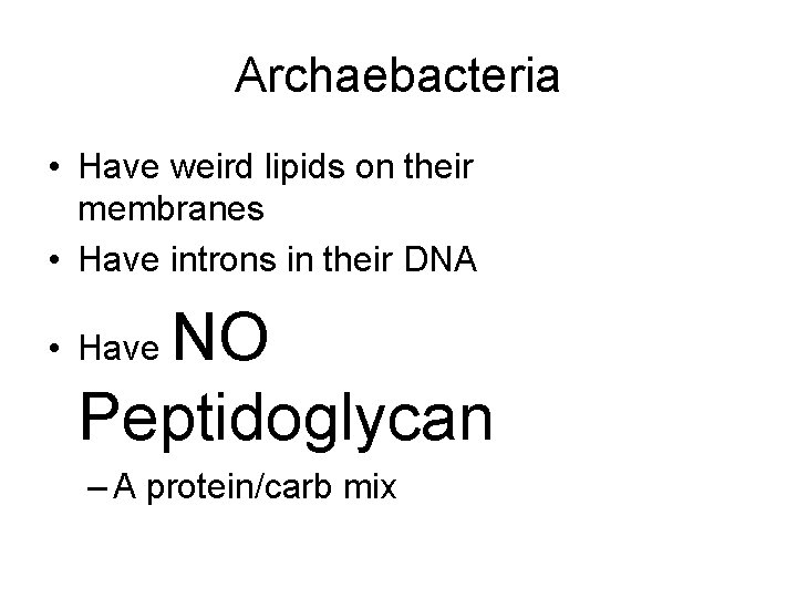 Archaebacteria • Have weird lipids on their membranes • Have introns in their DNA