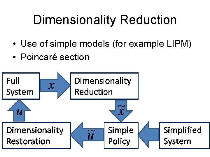 Dimensionality Reduction • Use of simple models (for example LIPM) • Poincaré section 
