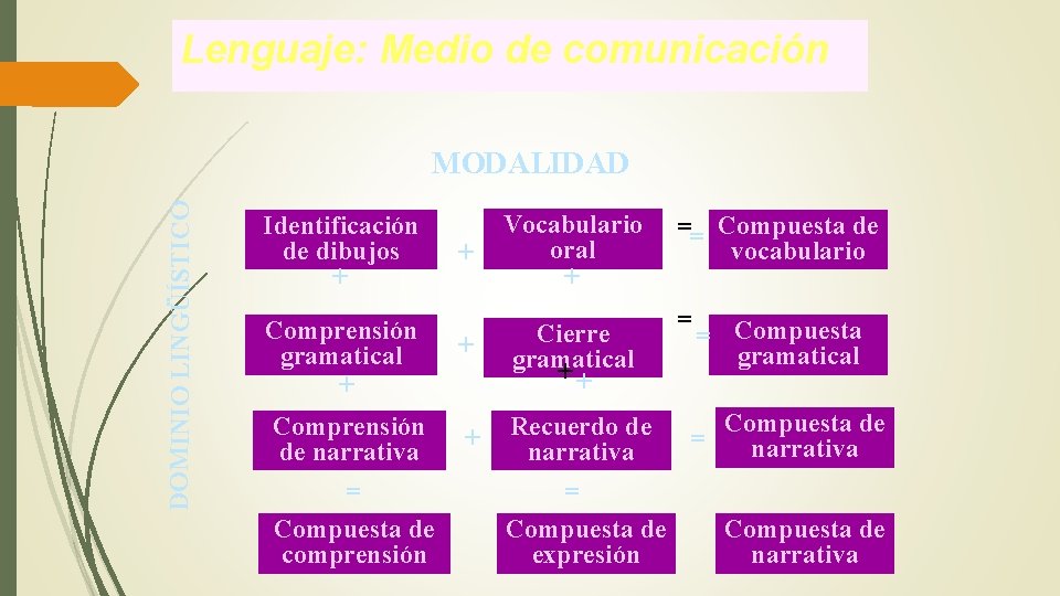 Lenguaje: Medio de comunicación DOMINIO LINGÜÍSTICO MODALIDAD Identificación de dibujos + Comprensión gramatical +