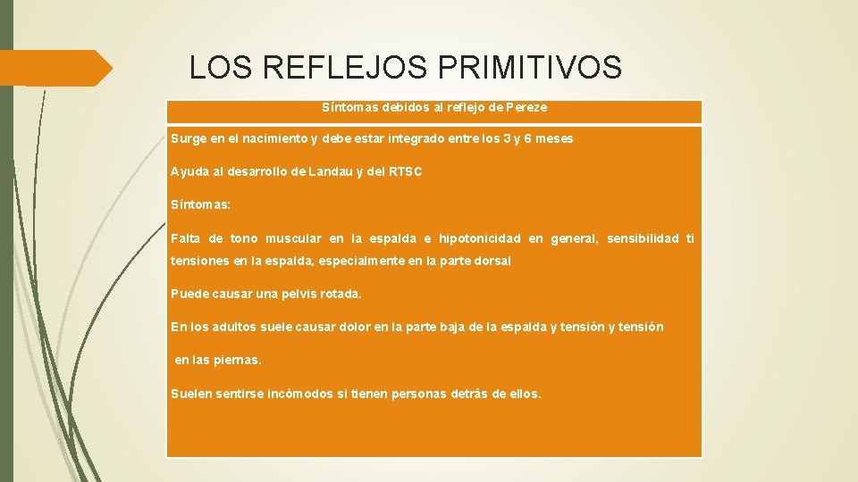 LOS REFLEJOS PRIMITIVOS Síntomas debidos al reflejo de Pereze Surge en el nacimiento y