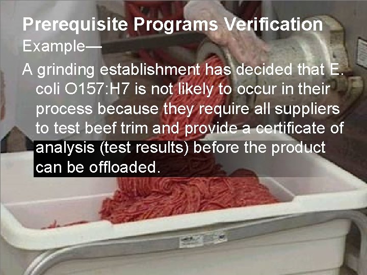 Prerequisite Programs Verification Example— A grinding establishment has decided that E. coli O 157: