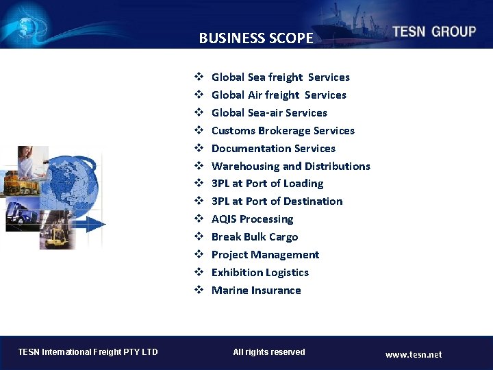  BUSINESS SCOPE v v v v TESN International Freight PTY LTD Global Sea