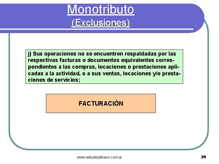 Monotributo (Exclusiones) j) Sus operaciones no se encuentren respaldadas por las respectivas facturas o