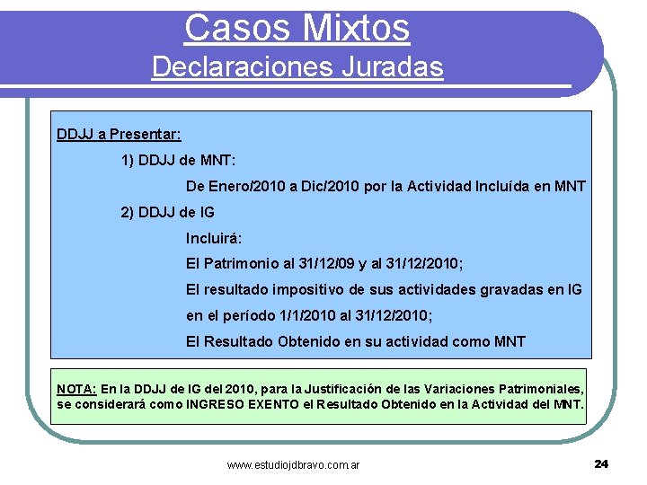 Casos Mixtos Declaraciones Juradas DDJJ a Presentar: 1) DDJJ de MNT: De Enero/2010 a