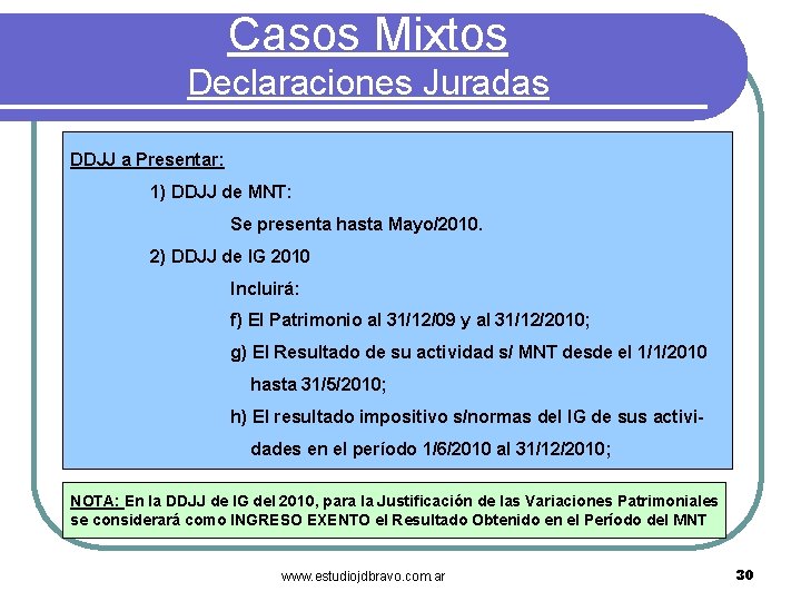 Casos Mixtos Declaraciones Juradas DDJJ a Presentar: 1) DDJJ de MNT: Se presenta hasta