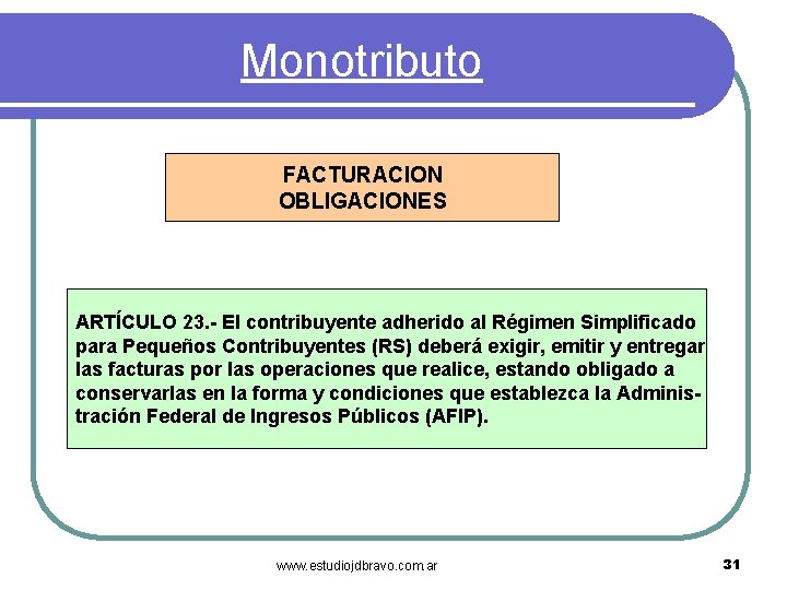 Monotributo FACTURACION OBLIGACIONES ARTÍCULO 23. - El contribuyente adherido al Régimen Simplificado para Pequeños