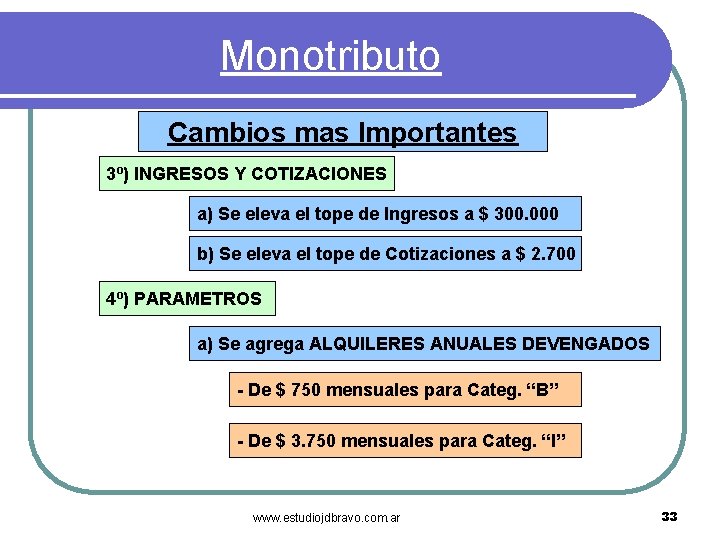 Monotributo Cambios mas Importantes 3º) INGRESOS Y COTIZACIONES a) Se eleva el tope de