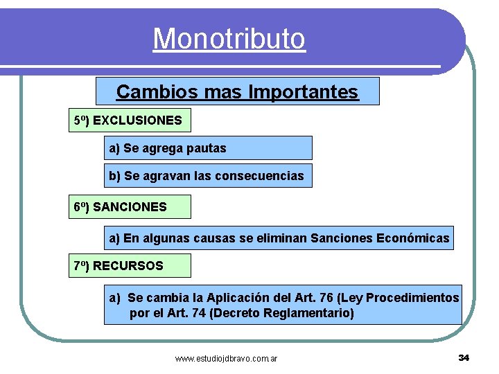 Monotributo Cambios mas Importantes 5º) EXCLUSIONES a) Se agrega pautas b) Se agravan las