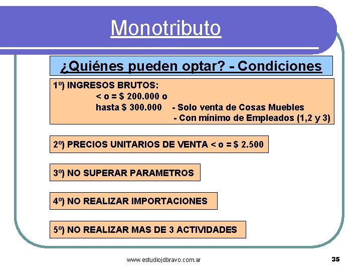 Monotributo ¿Quiénes pueden optar? - Condiciones 1º) INGRESOS BRUTOS: < o = $ 200.